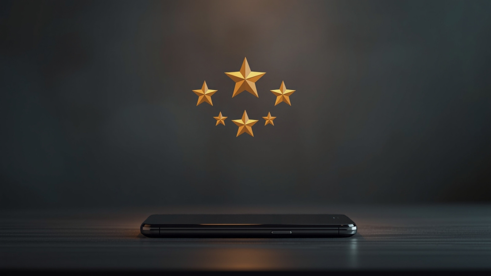 Smartphone affichant des étoiles d'avis clients au-dessus d'un comptoir de commerce, ambiance professionnelle sobre et lumière douce