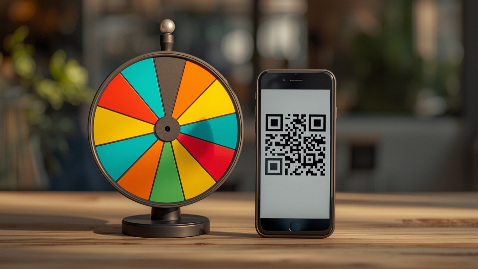Roue de la fortune colorée posée à côté d'un smartphone affichant un QR code sur un comptoir de commerce