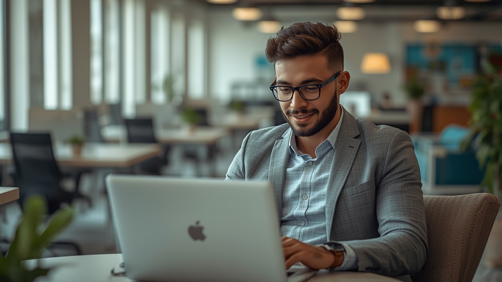 Community manager travaillant sur un ordinateur portable dans un espace de coworking lumineux et moderne