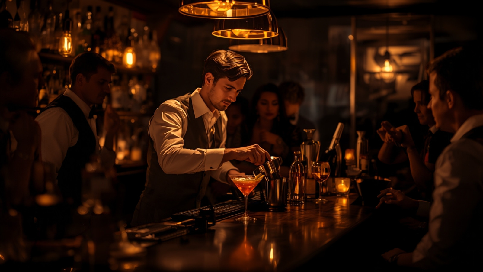 Bar à cocktails en soirée, barman préparant un cocktail au comptoir sous une lumière tamisée et chaleureuse