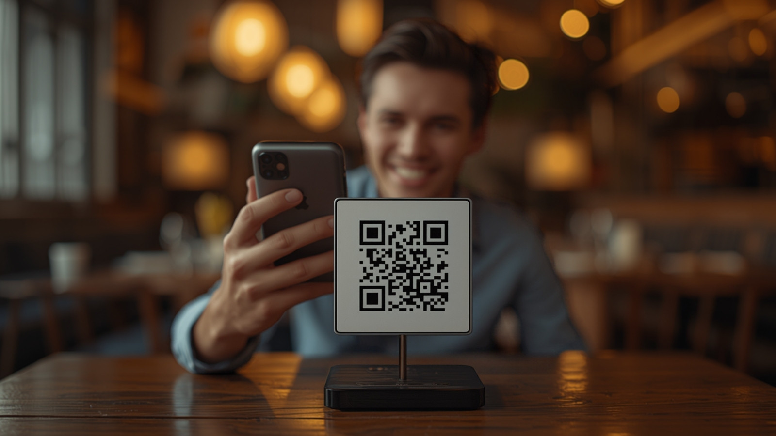 QR code affiché sur un présentoir de table dans un restaurant, un client le scanne avec son smartphone sous une lumière chaleureuse
