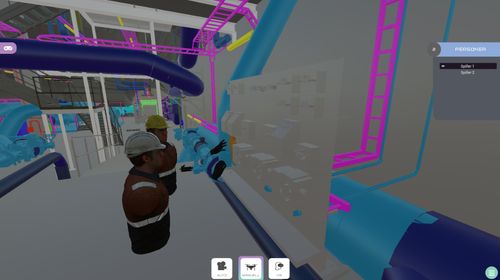 Screenshot of Nexus, a VR software, showing two construction avatars in a digital model.