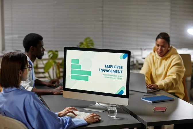 Illustration of employees using digital tools like surveys and polls to provide feedback in a manufacturing setting
