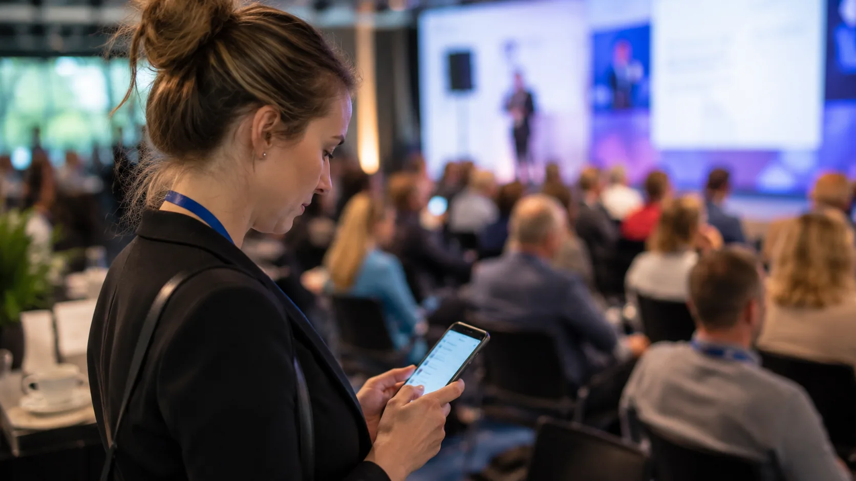 Uczestniczka konferencji z identyfikatorem sprawdza telefon podczas prelekcji