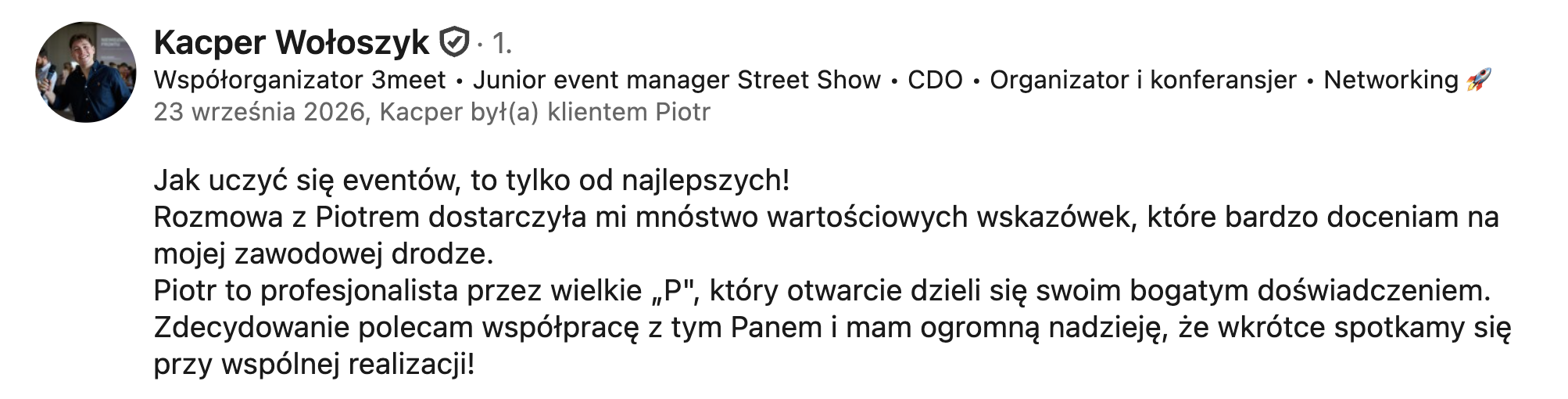 Rekomendacja Kacpra Wołoszyka, event managera na starcie kariery, po konsultacji z Piotrem Kalewskim