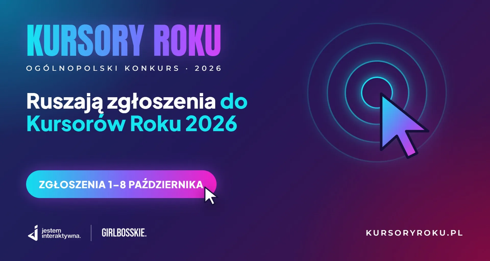 Grafika naboru do konkursu Kursory Roku 2026: zgłoszenia od 1 do 8 października, strona kursoryroku.pl