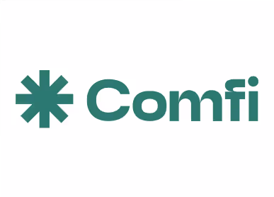 Comfi logo with green asterisk-like star and text in teal color