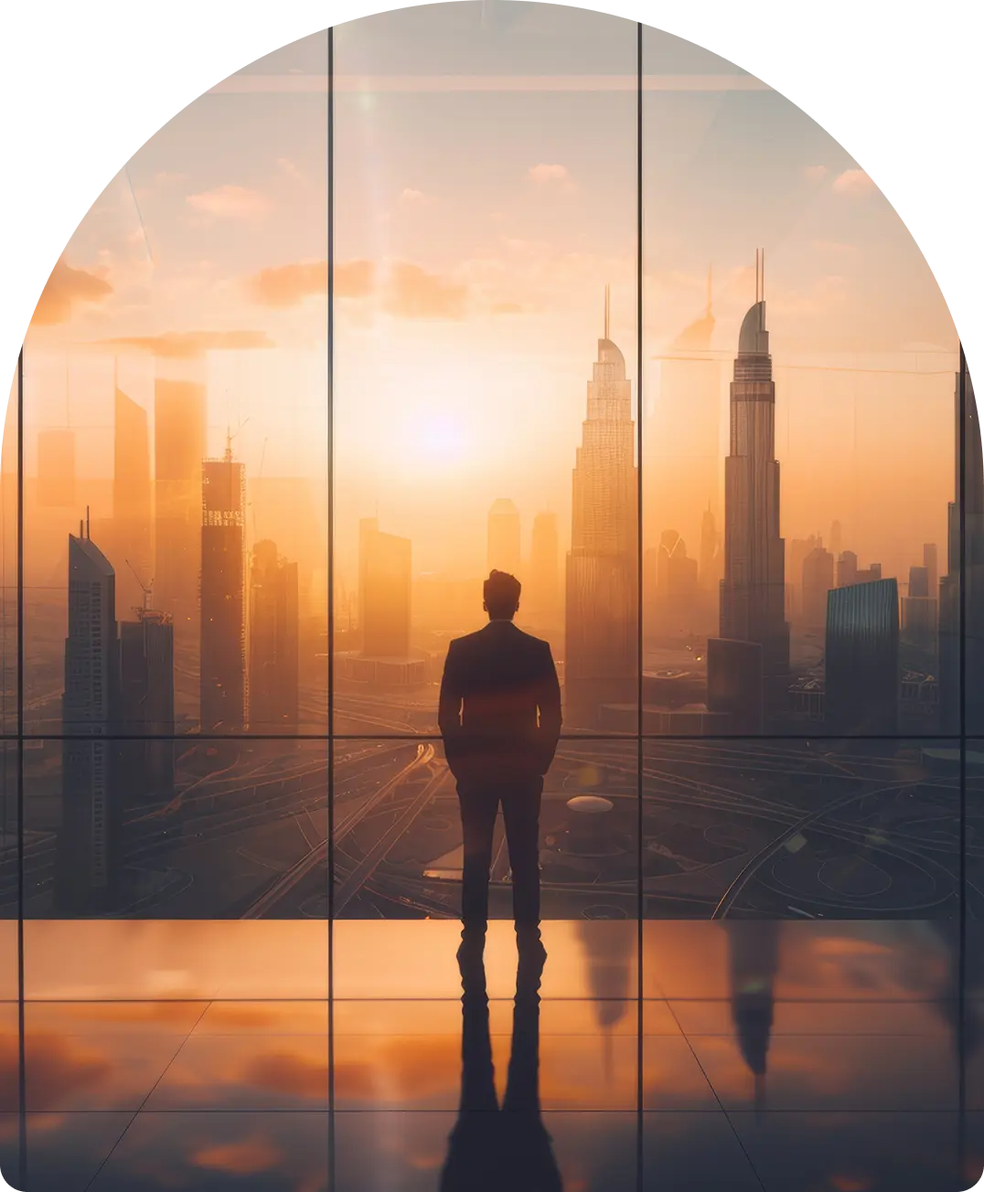 Free Zone In Dubai: Silhouette overlooking golden sunrise cityscape