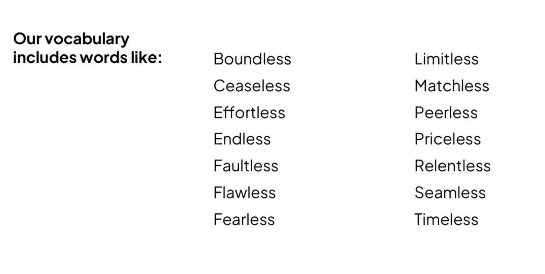List of powerful descriptive words ending in -less and -timeless