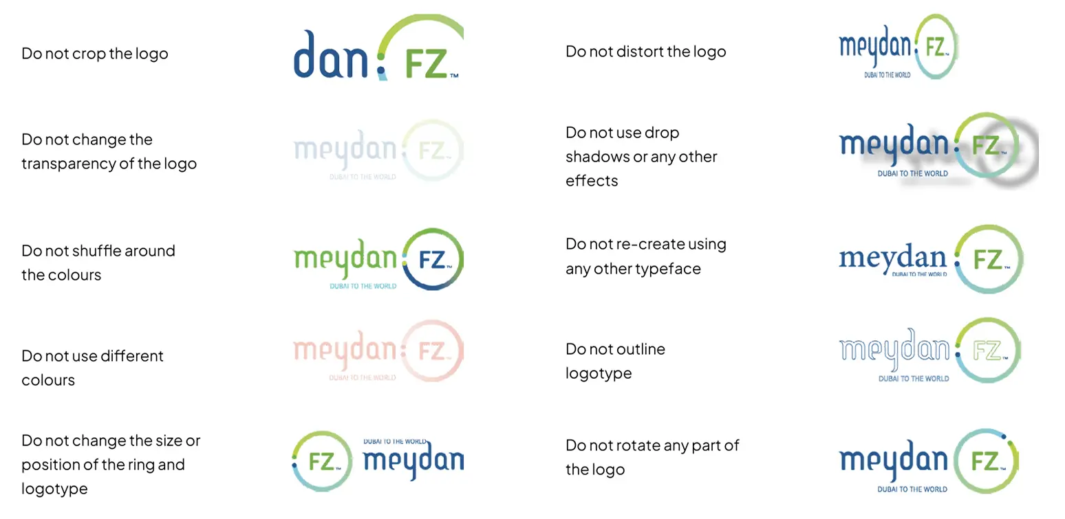 Meydan FZ logo usage guidelines with variations and design restrictions