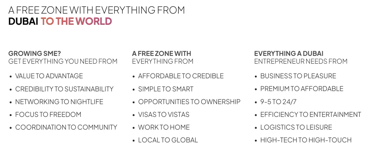 Dubai freezone promotional poster highlighting business opportunities and services