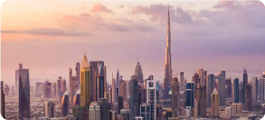 Establish Company In Dubai with stunning skyline featuring Burj Khalifa at sunset