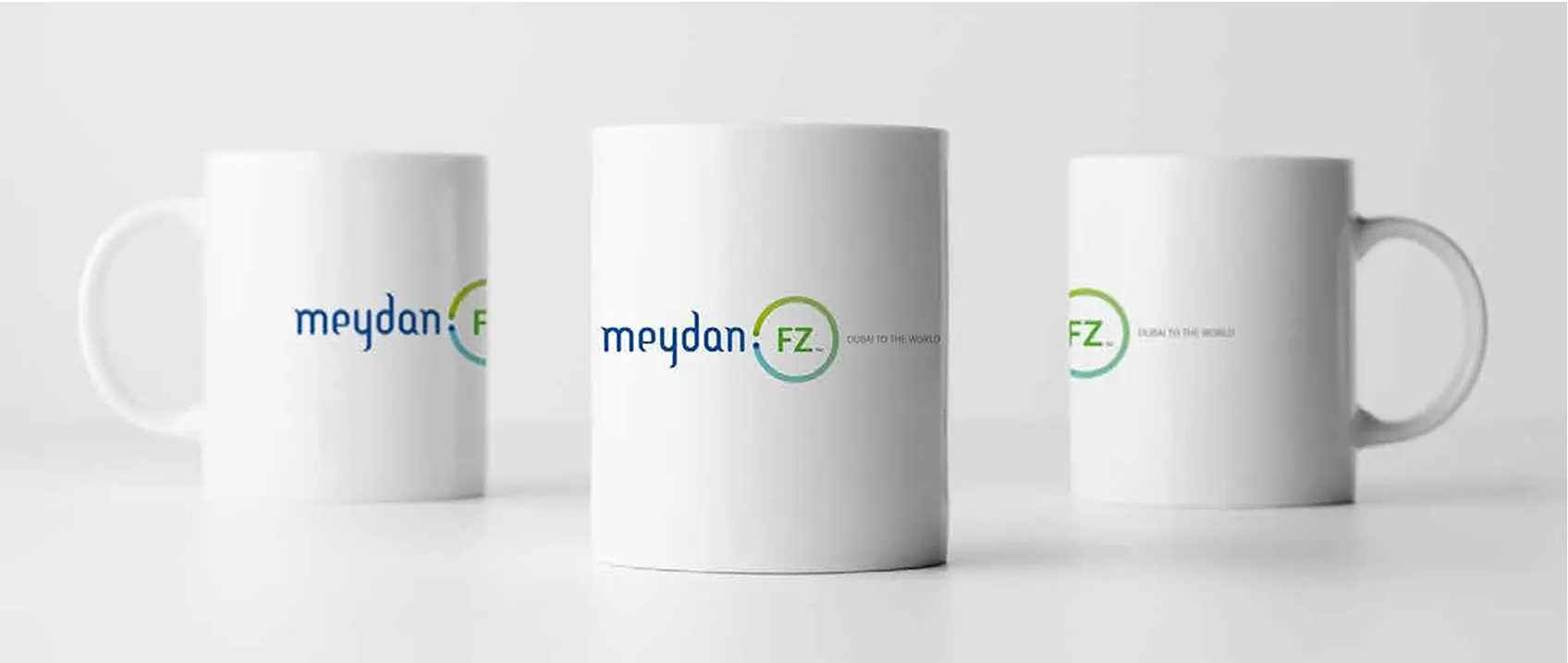 Establish Company In Dubai: Meydan FZ corporate branded white mugs