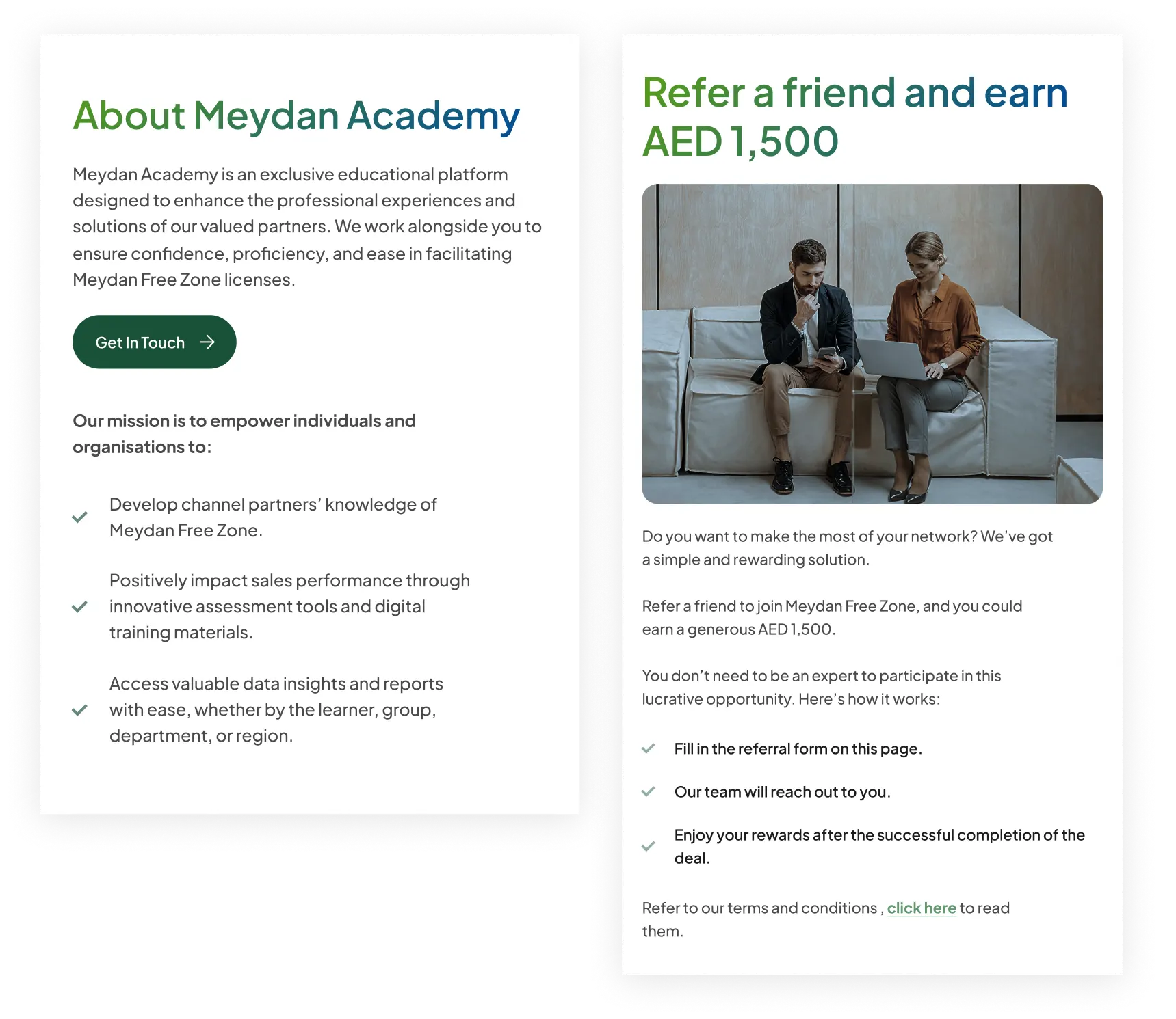 Establish Company In Dubai: Two professionals collaborating on Meydan Academy platform