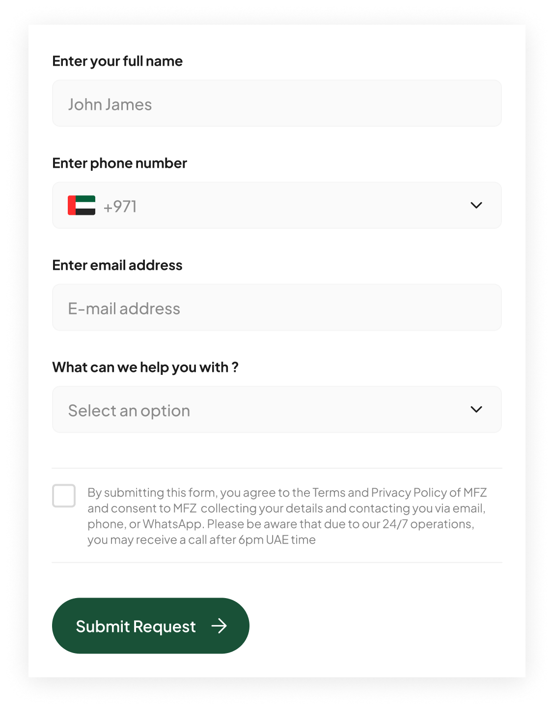 Establish Company In Dubai contact form with UAE phone country code