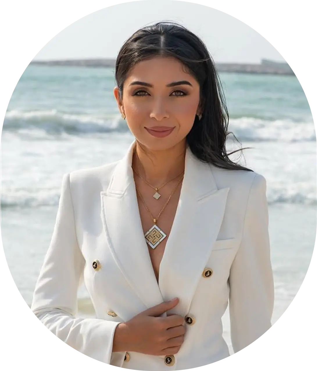 Professional woman in white blazer, Company Formation In Dubai backdrop