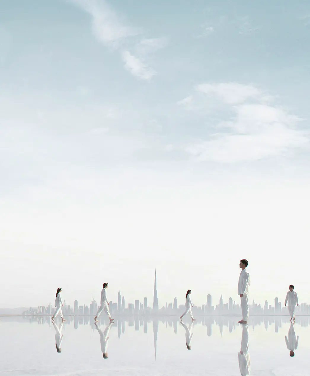 Modern business lifestyle visual: professional team | Meydan Free Zone Dubai skyline reflection