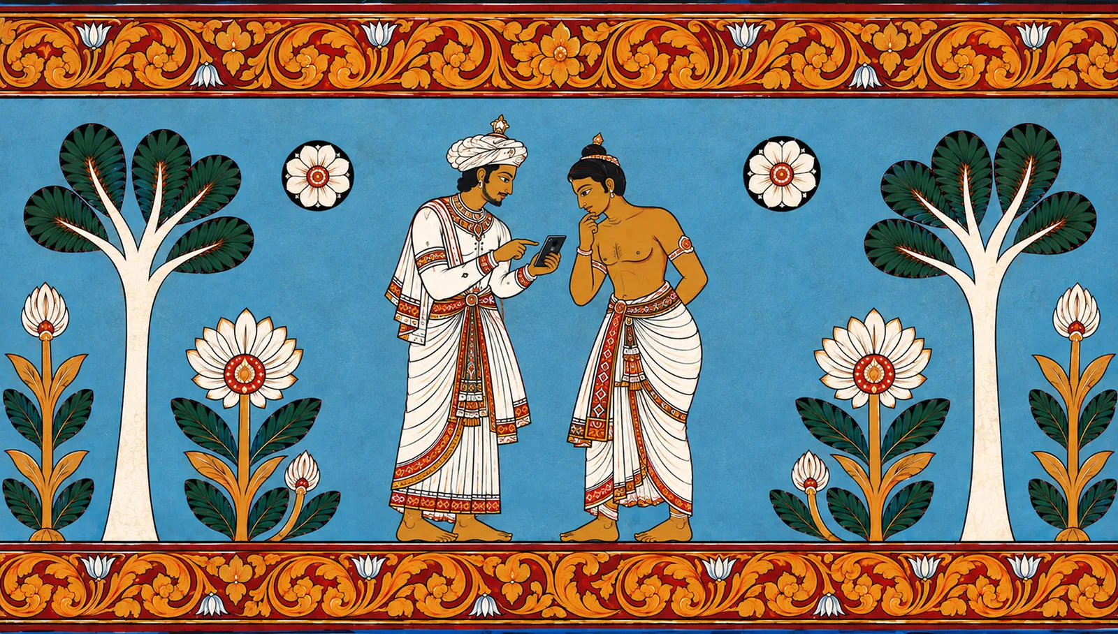 Kandyan-style mural of two courtiers looking curiously at a smartphone