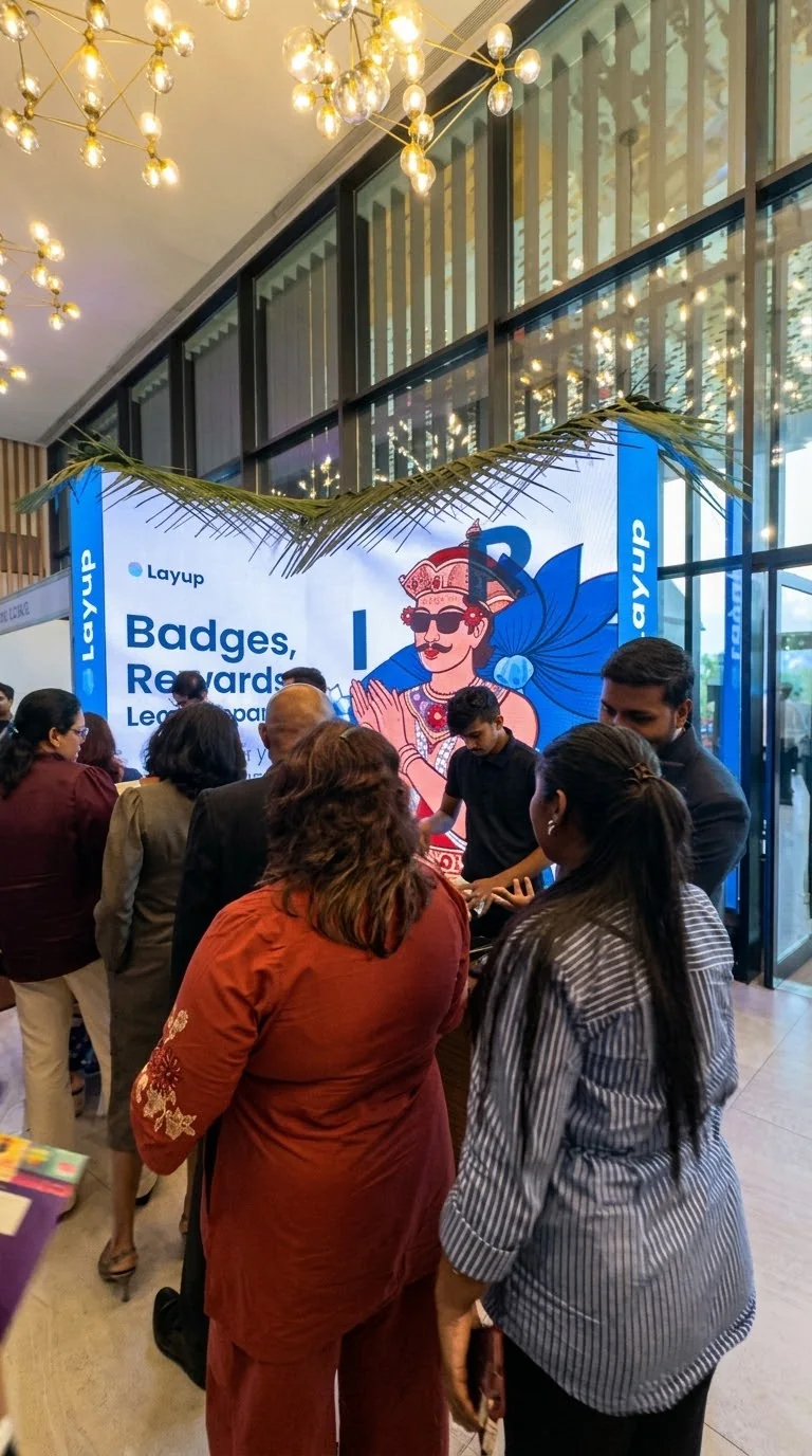 Delegates crowding the booth in front of the LED wall, which shows a Layup badges, rewards and leaderboards screen under the pol athu roof