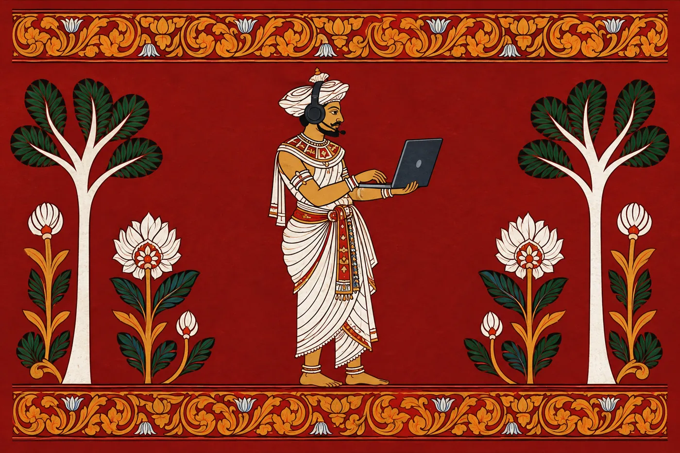 Kandyan-style mural of a man in traditional dress working on a laptop with a headset, between lotus flowers and trees
