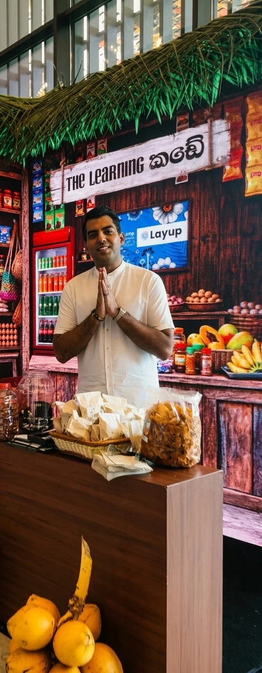 A team member greeting visitors with folded hands at The Learning කඩේ counter, with packets of manyokka and king coconuts in front and the LED wall village shop behind