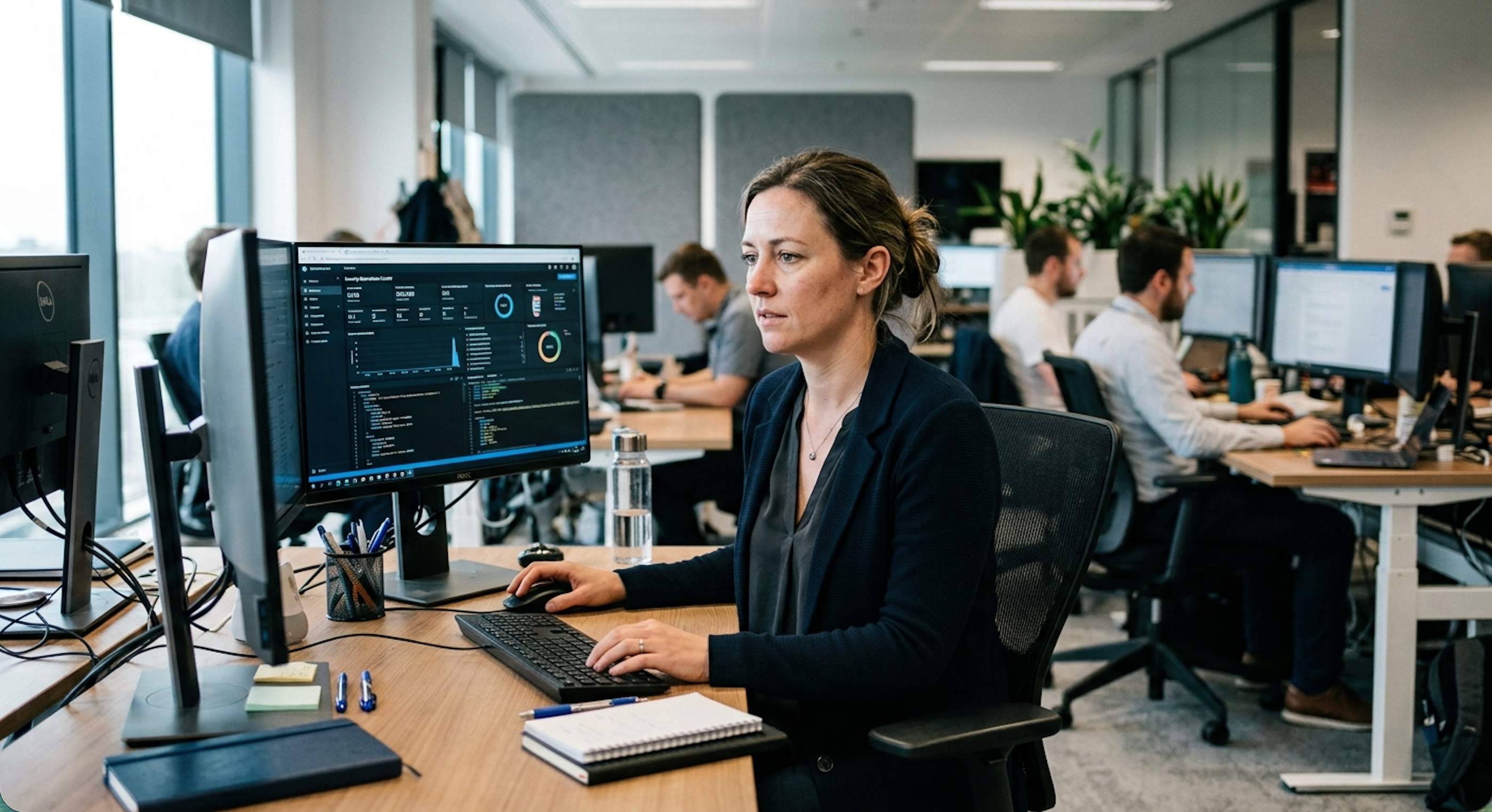 A corporate female IT professional looking at a monitor with teal and blue reflections in a natural office setting.