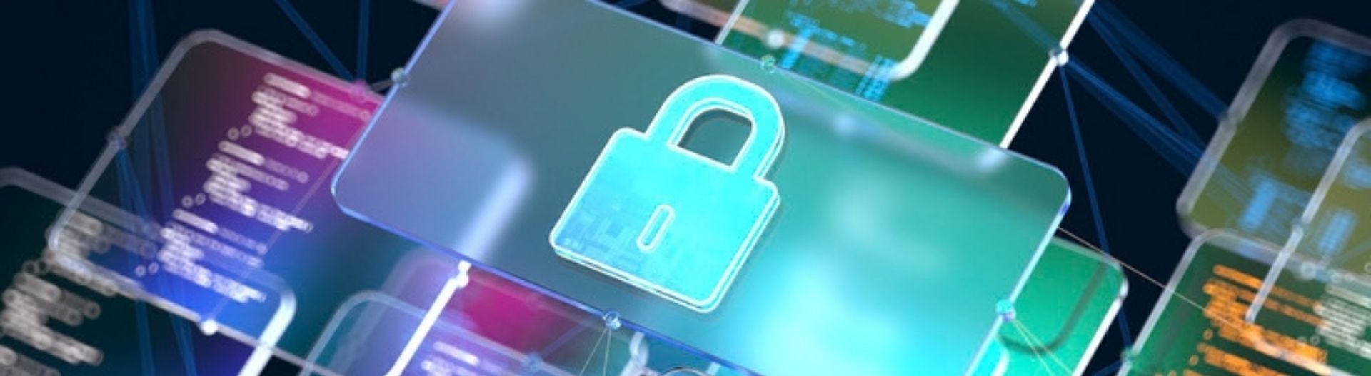 Abstract cyber security compliance illustration showing an illuminated padlock over dark teal framework data screens mapping UK security regulations.