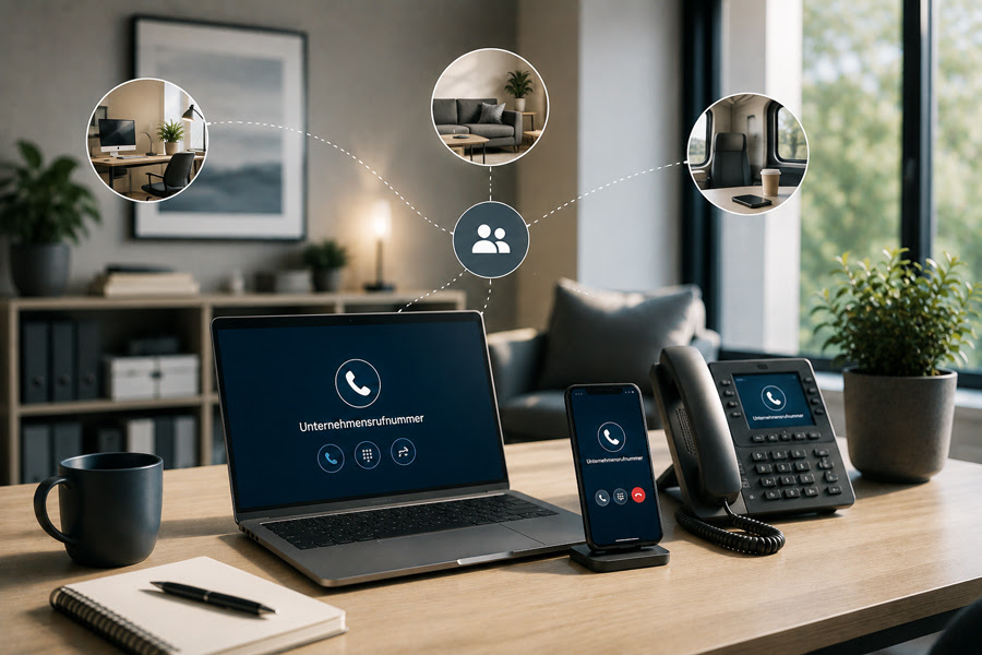 Arbeitsplatz mit Laptop, Smartphone und Tischtelefon – alle Geräte zeigen dieselbe Unternehmensrufnummer und sind mit Büro, Homeoffice und unterwegs verbunden