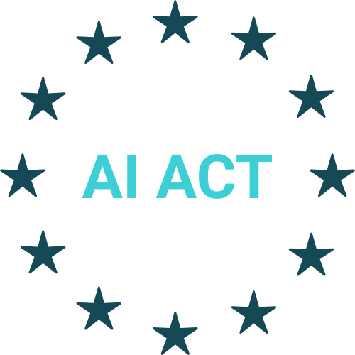 Blue text 'AI ACT' surrounded by a circle of twelve dark blue stars.