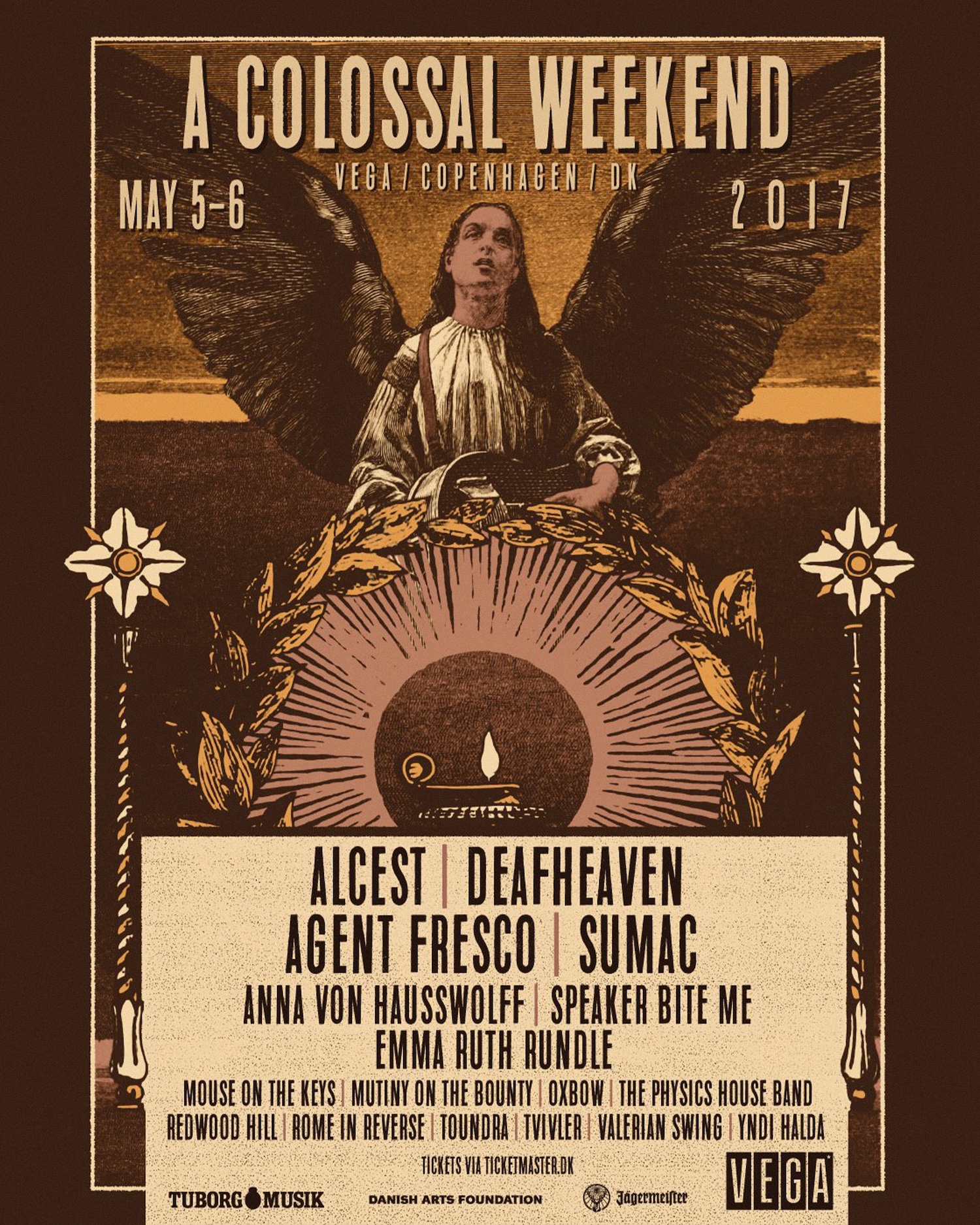 Poster for A Colossal Weekend music event at Vega, Copenhagen, Denmark, May 5-6, 2017, featuring an angelic figure with dark wings holding a wreath and a lit candle below, with performing artists Alcest, Deafheaven, Agent Fresco, Sumac, Anna Von Hausswolff, Speaker Bite Me, Emma Ruth Rundle, Mouse on the Keys, Mutiny on the Bounty, Oxbow, The Physics House Band, Redwood Hill, Rome in Reverse, Toundra, Tiviler, Valerian Swing, and Yndi Halda. Sponsors include Tuborg Musik, Danish Arts Foundation, and Jägermeister.