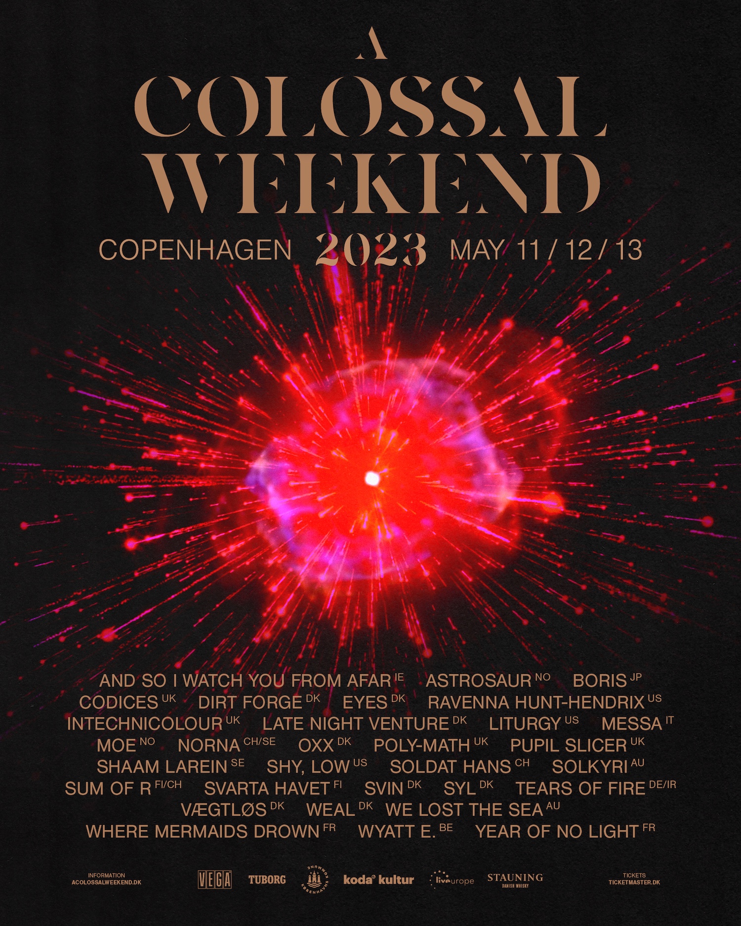 Poster for A Colossal Weekend 2023 music event in Copenhagen on May 11, 12, and 13, featuring a bright red and purple abstract explosion graphic in the center with band names and country codes listed below on a black background.