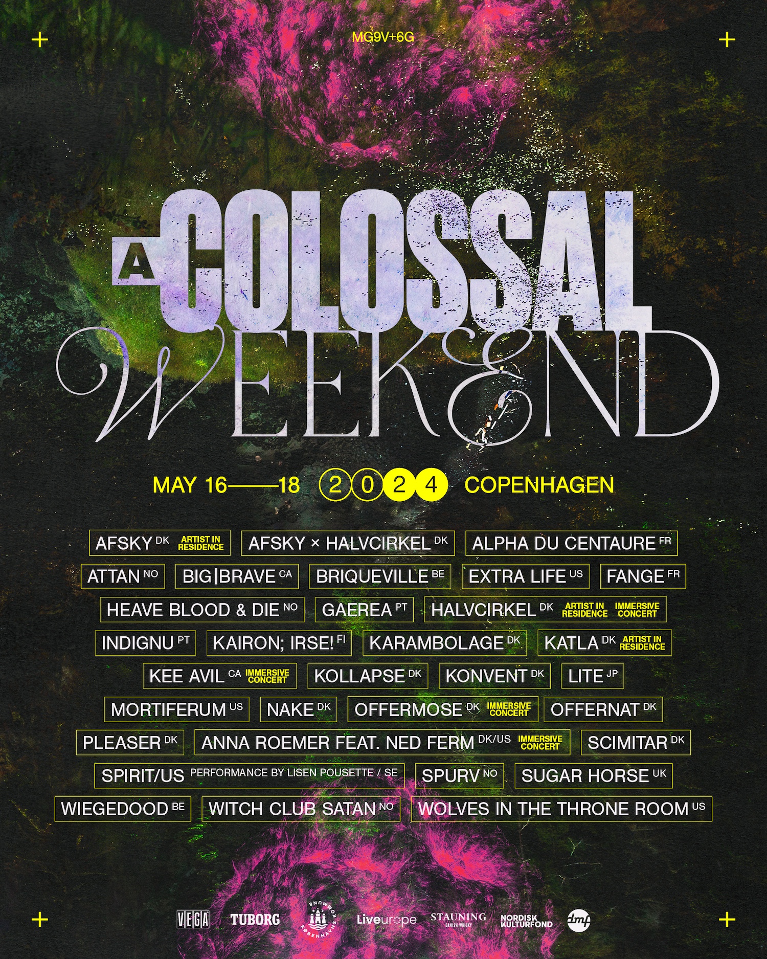 Poster for A Colossal Weekend music event in Copenhagen, May 16-18, 2024, listing artists like AFSKY, Alpha Du Centaure, Big|Brave, Extra Life, Halvcirkel, Katla, Kee Avil, Kollapse, Lite, Mortiferum, Pleaser, Scimitar, Spirit/US, Sugar Horse, Wolves in the Throne Room, and others, with some marked as artist-in-residence or immersive concerts, on a dark leafy background with pink highlights.