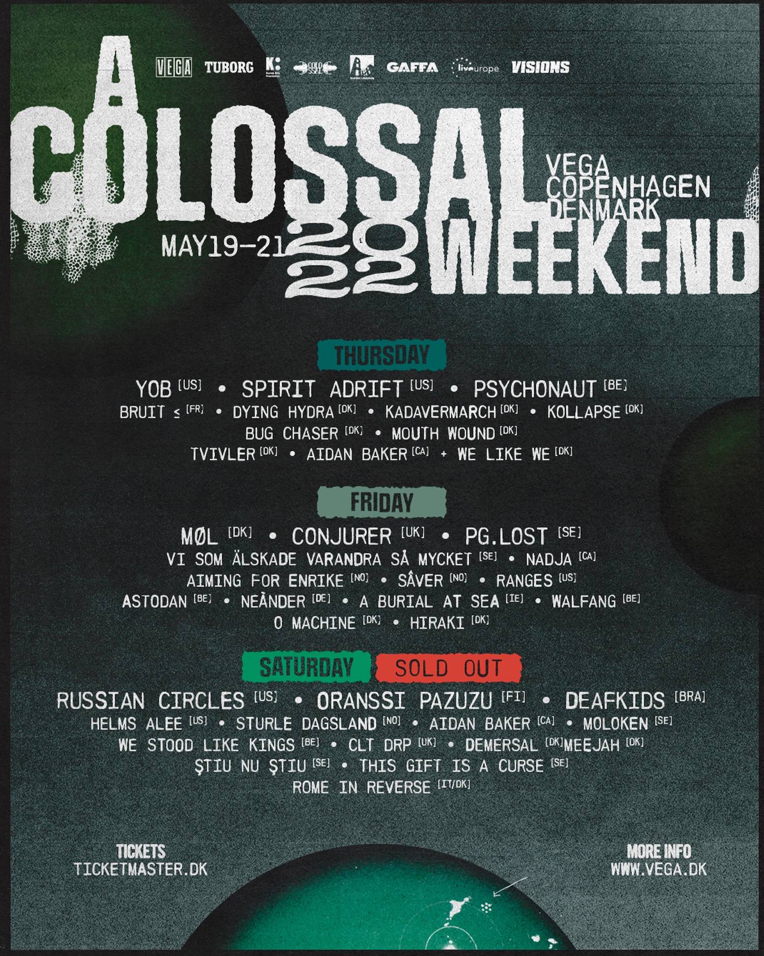 Poster for Colossal Weekend 2022 music festival in Vega, Copenhagen, Denmark from May 19-21 featuring bands across Thursday, Friday, and Saturday with Saturday sold out.