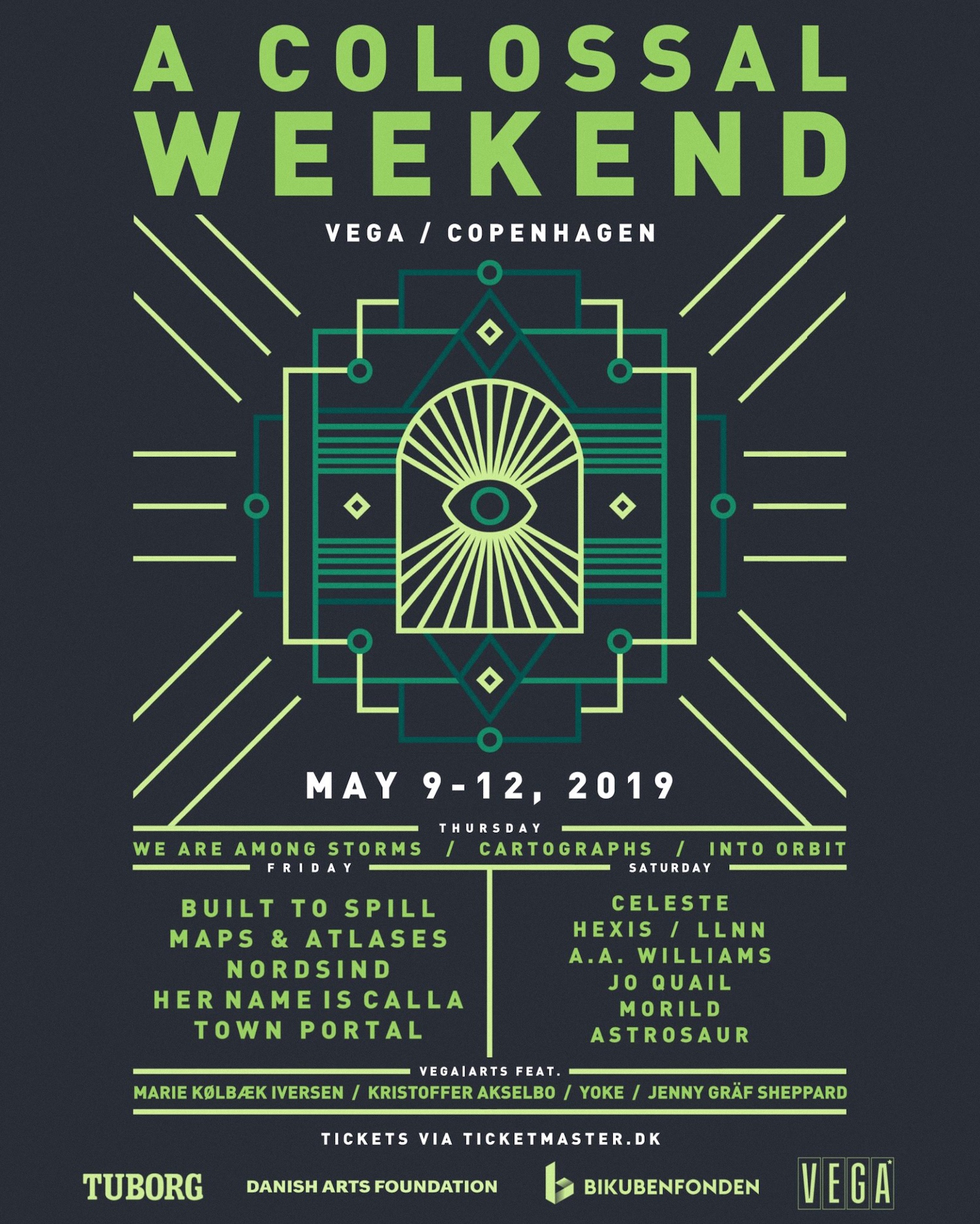 Poster for A Colossal Weekend music event at Vega in Copenhagen, May 9-12, 2019, listing bands for Thursday, Friday, and Saturday, with sponsor logos at the bottom.