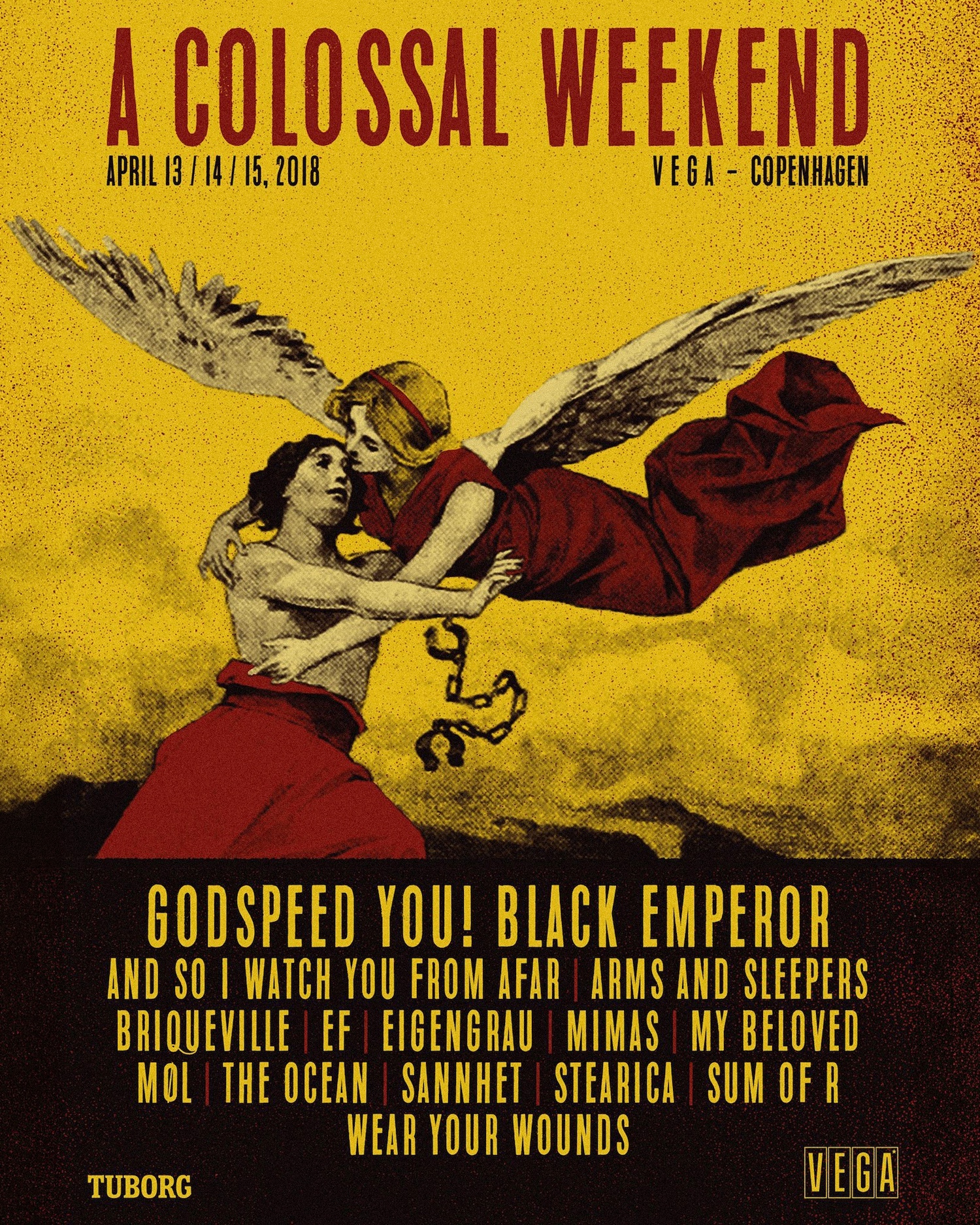 Poster for 'A Colossal Weekend' music event on April 13-15, 2018, at Vega in Copenhagen, featuring an illustration of two figures embracing mid-air, one with large wings and a red dress, the other shackled. Bands listed include Godspeed You! Black Emperor, And So I Watch You From Afar, Arms and Sleepers, Briqueville, EF, Eigengrau, Mimas, My Beloved, Møl, The Ocean, Sannhet, Stearica, Sum of R, and Wear Your Wounds. Sponsors include Tuborg and Vega.