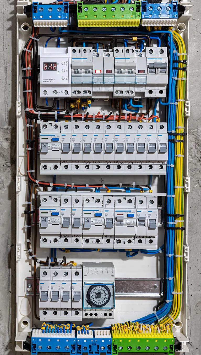 Elektroinstallation mit Sicherungskasten und Leitungen