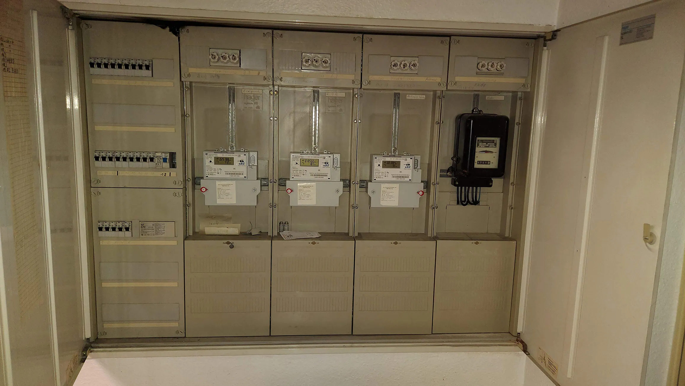 Zählerschrank mit mehreren Stromzählern und Sicherungen