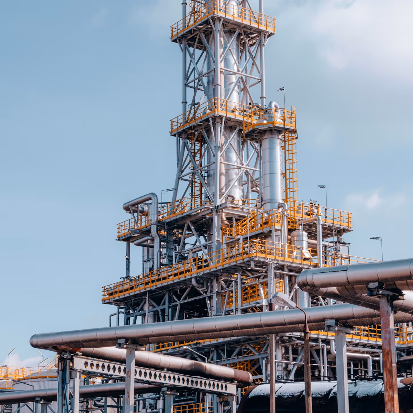 Industrial refinery tower with interconnected pipelines and orange safety railings under a clear sky.