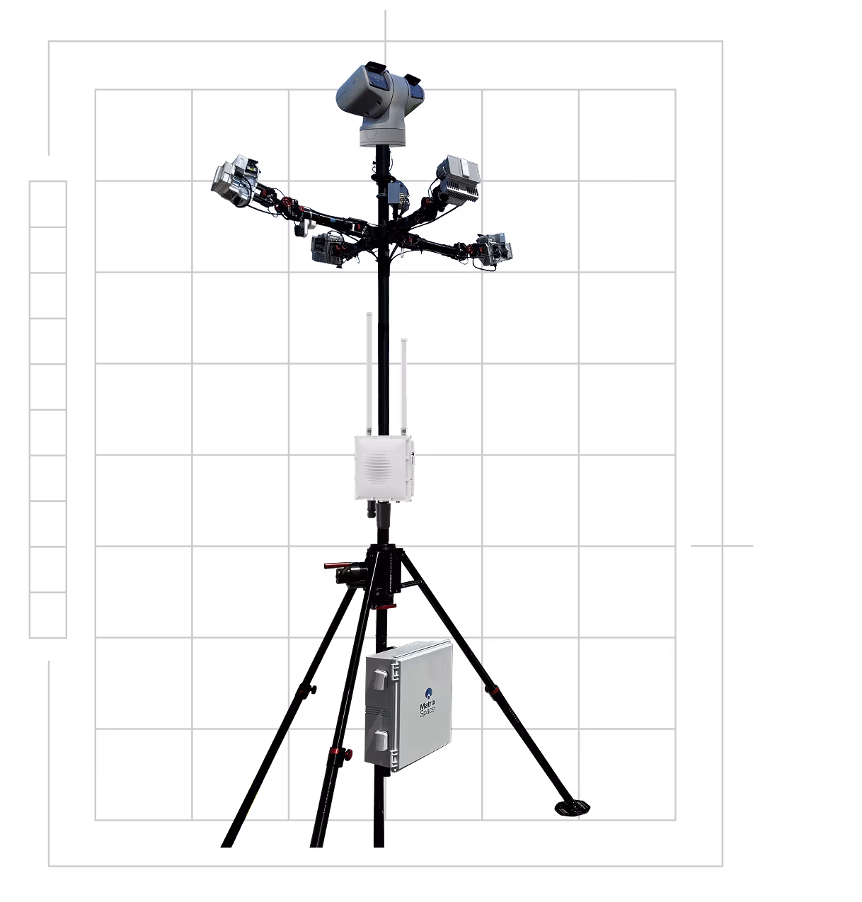 Surveillance device with dual cameras and sensors mounted on a black stand against a black background.