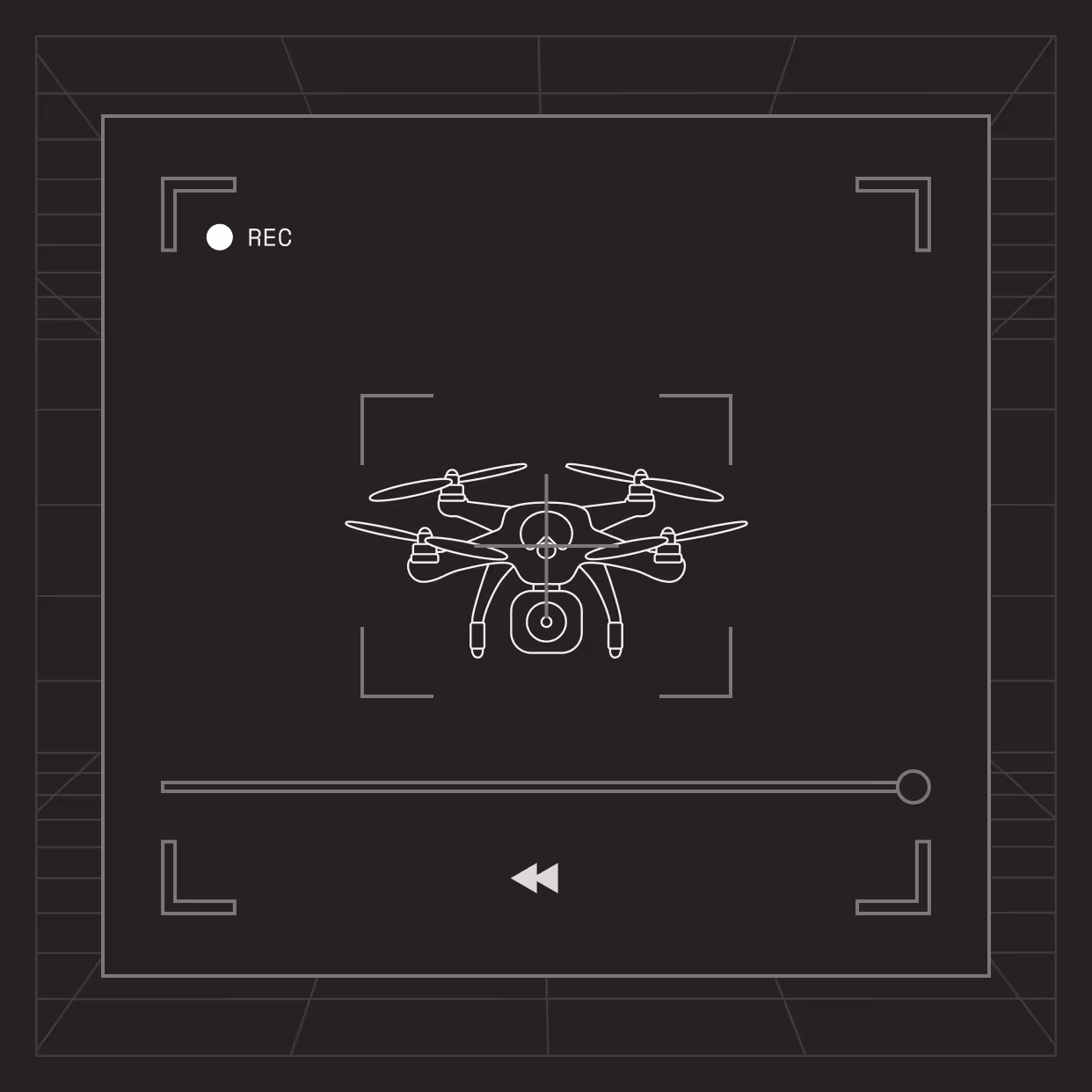 Drone with camera centered in a recording interface frame with REC indicator and progress bar.