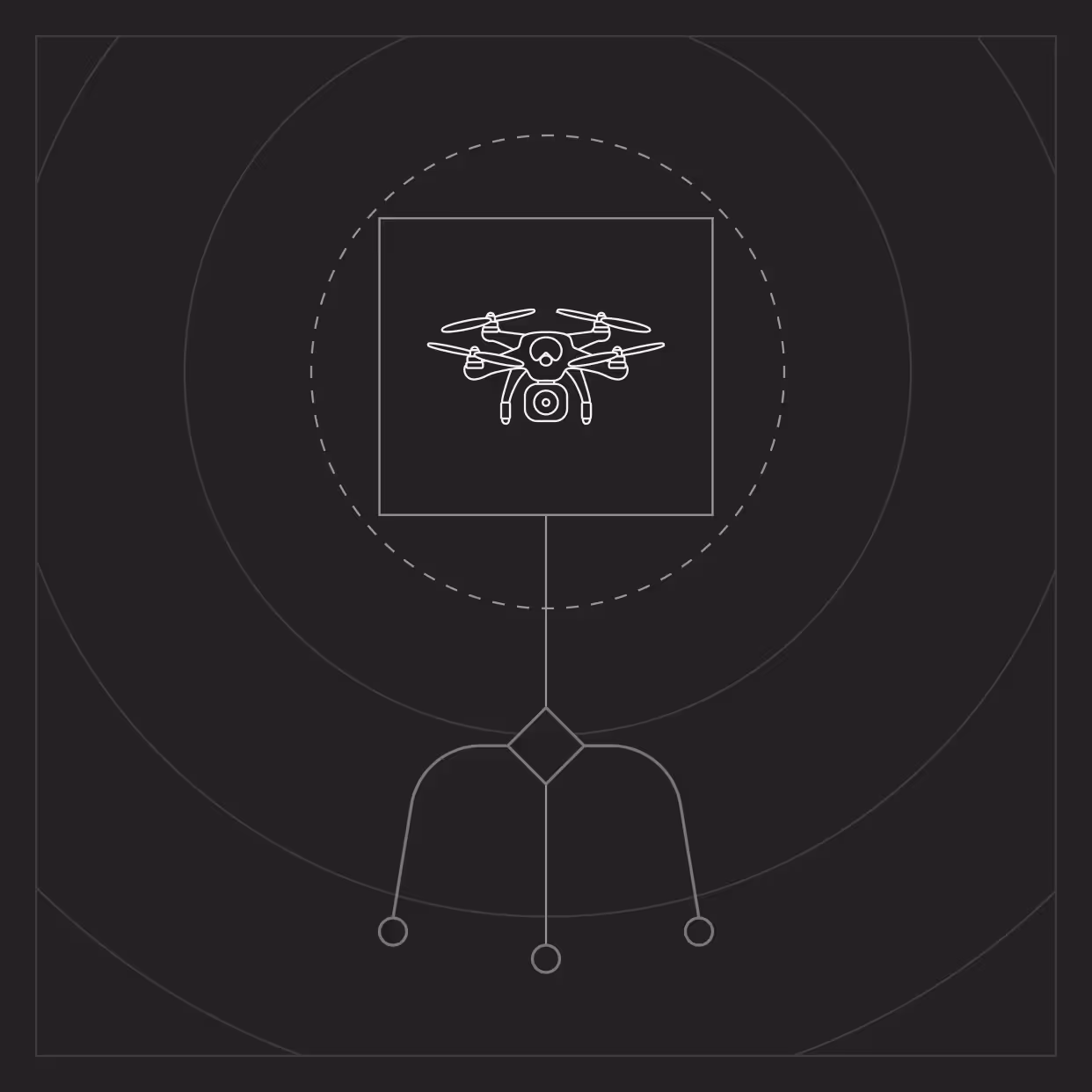 Minimalist line drawing of a quadcopter drone with camera inside a square, connected to a central diamond shape with three lines ending in circles, set against a dark background with concentric circles.