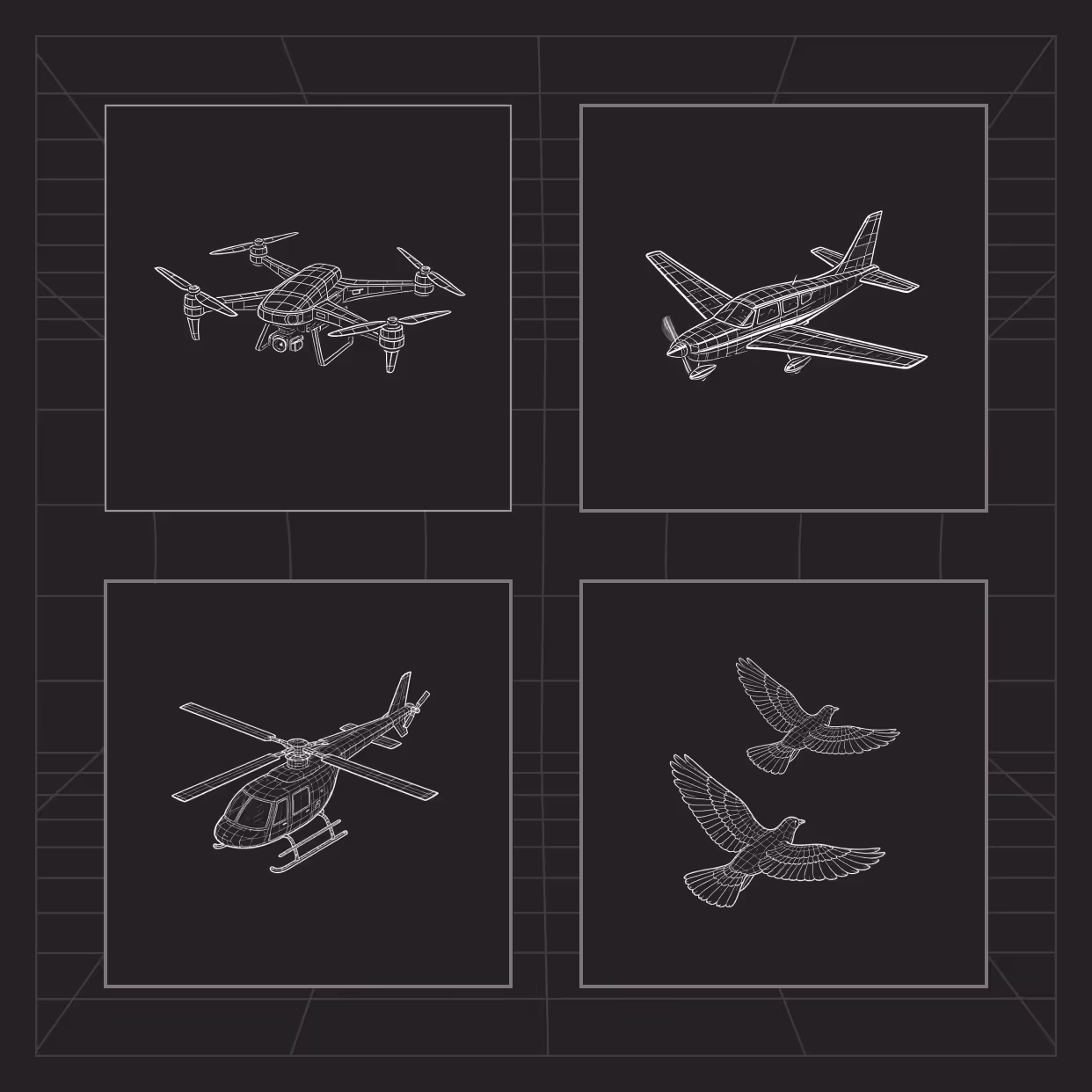 Wireframe illustrations of a quadcopter drone, a small airplane, a helicopter, and two flying birds on a dark grid background.