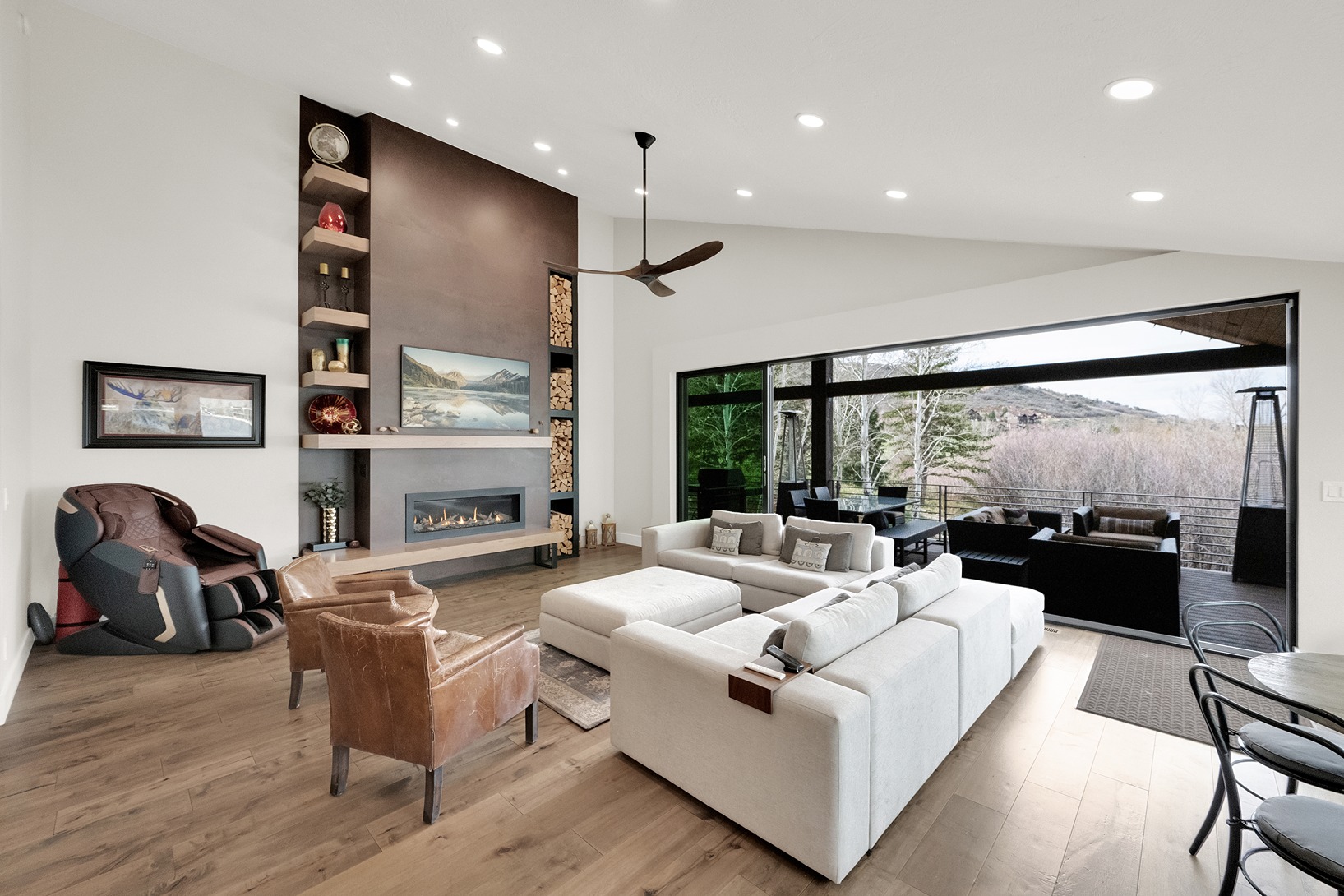 Interior of a Park City home's high-end living room with wooden flooring renovated by a contractor