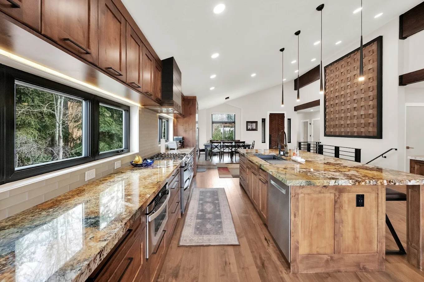 A high-end modern kitchen design in a Park City home with laminated countertops 