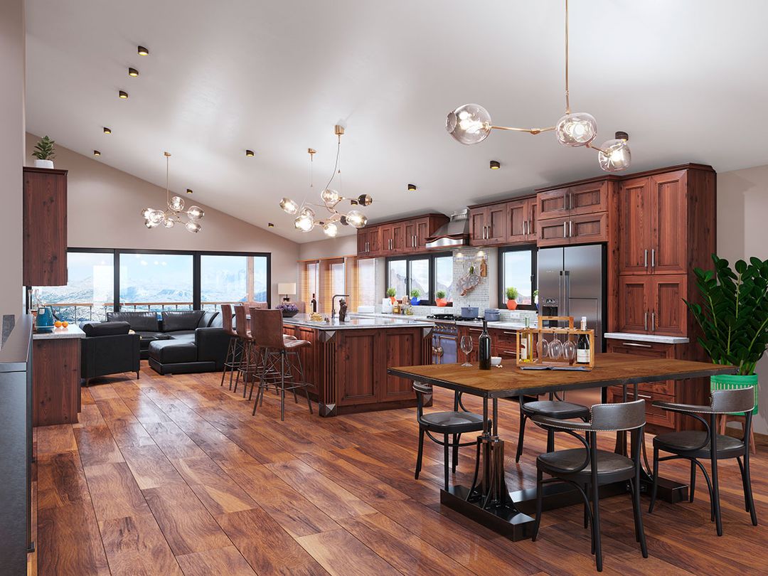 Remodeled luxury kitchen that uses natural lighting and stylish pendant lights