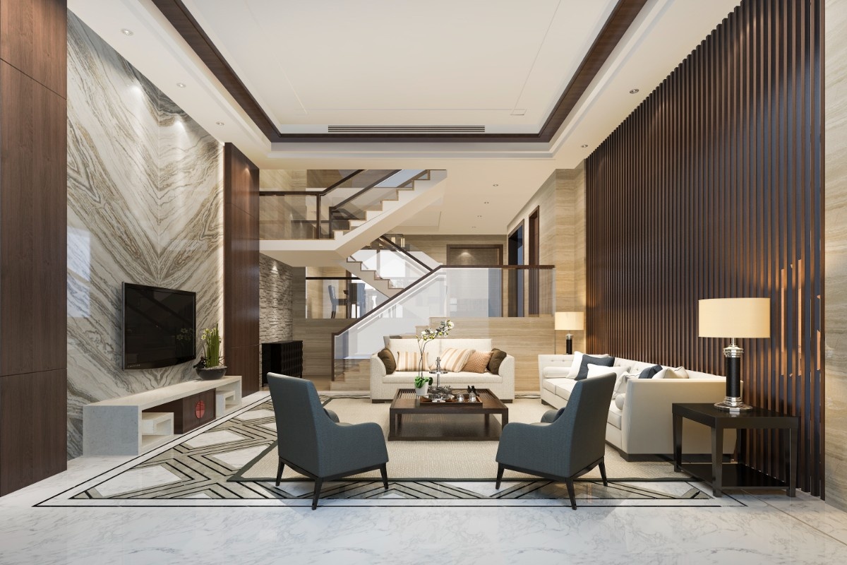 A newly renovated luxury home in Salt Lake City with high ceiling, tiled walls and staircase glass railings 