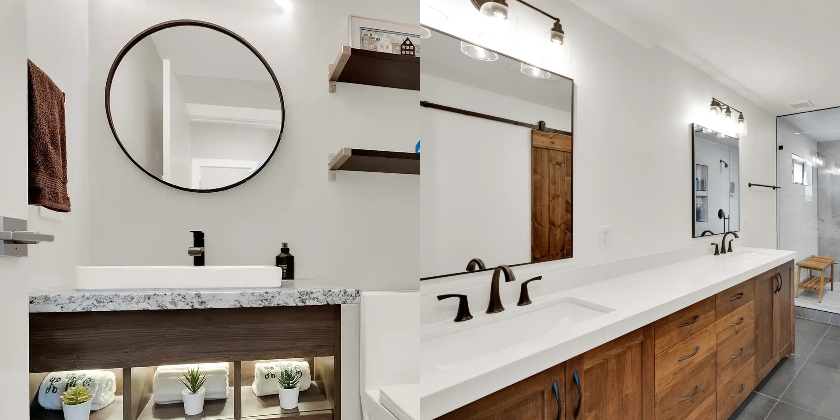 Side-by-side comparison showing a single vanity with a round mirror on the left and a long wooden double vanity with white countertops on the right.
