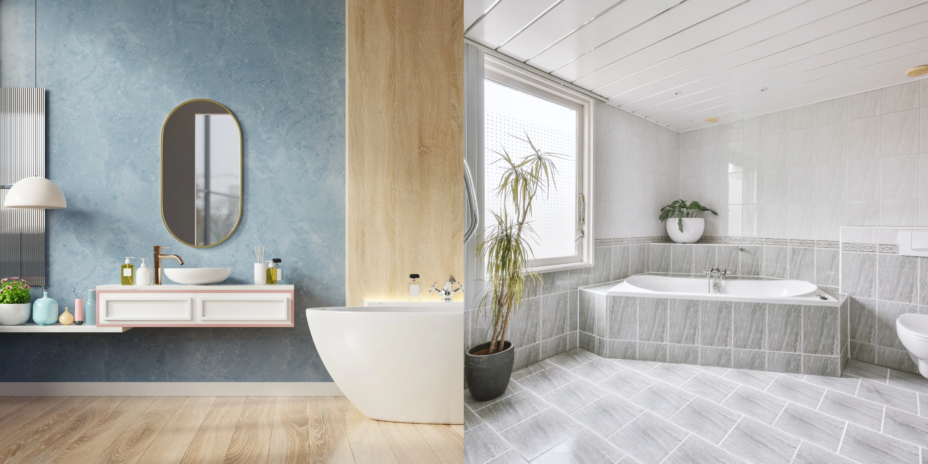 Luxury vinyl plank flooring versus gray tile flooring in modern bathroom designs.