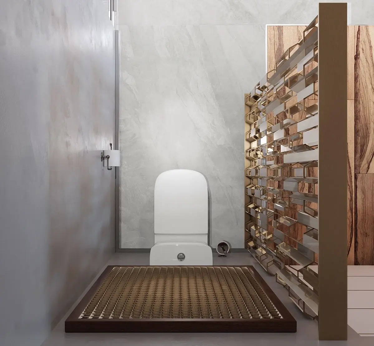 Futuristic modern toilet alcove with metallic decorative screen and neutral stone finishes.