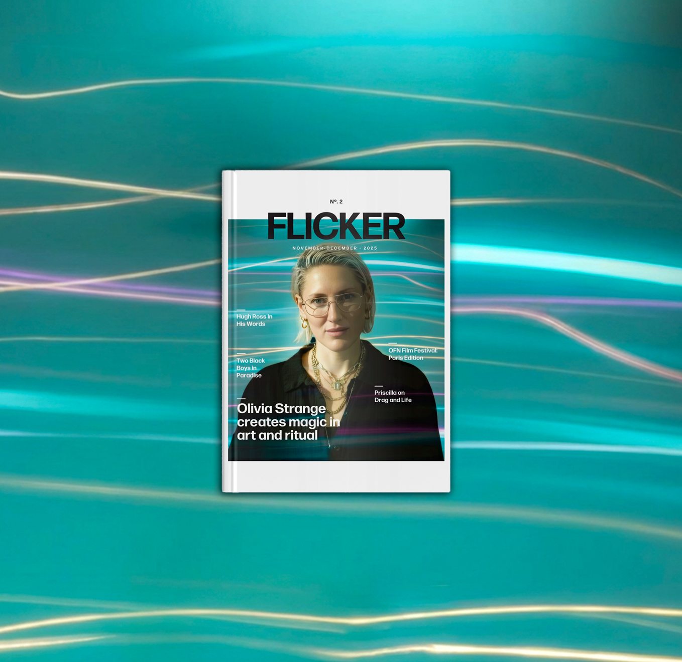 Flicker Magazine Issue 2 F*2 November December 2025 cover with Olivia Strange and highlights including Hugh Ross and OFN Film Festival Paris